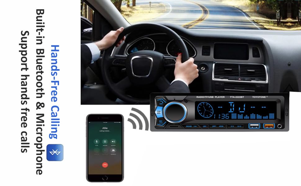 Image of TOYOTONE Universal Fit Single Din Car Stereo MP3 Music System with Remote, Bluetooth, One Touch to Receive Call (FM /AUX /USB /TF), Dual USB Ports (Music & Charging) SD Card Slot (TTA-2222BT)