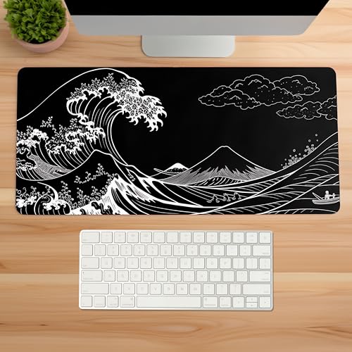 Image of Full Kuro Tsunami Premium Desk Mat | Anti-Skid | Anti-Slip | 60 x 28 cm | Laptop Mat for Work from Home /Office /Gaming- Extended Mouse pad and Keyboard Desk mat