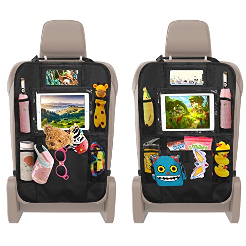 OKEECA Car Organisers,Car Back Seat Organiser for kids, with 10inch Tablet Holder & 6.7inch Phone Holder,Backseat Kick Mats Cover with 7 Storage Pockets,Car Accessories for Family Road Trip(2pack)