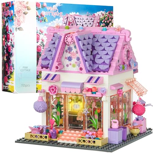Aigidusansu Pink Flower Shop Building Set, Cute Purple Flower House with Sunflower Daisy and Butterfly, Great Gift for Friends or Girls Age 6-12 (705 Pieces)