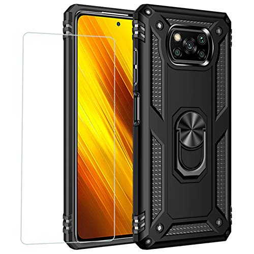 Joytag Compatibile per Cover Xiaomi Poco X3 NFC，Custodia + Vetro temperato Silicone TPU 360 Grado Anello Girevole Magnetico Supporto Cassa del Telefono dell'auto Case-Nero