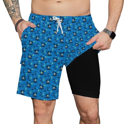 Mens Swim Trunks with Compression Liner 9 Inch Bathing Suit Swimsuit Swimwear for Men Quick Dry Swim Shorts Cargo Shorts