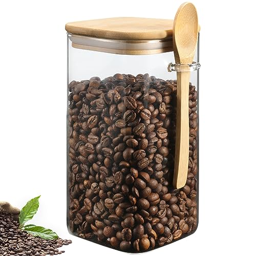 Glass Square Storage Jar with Bamboo Lids Spoons Glass Coffee Canister 40 Oz (1200 mL) Borosilicate Glass Food Container for Coffee Beans Nut Pasta Sugar Candy Spice Rice Loose Tea