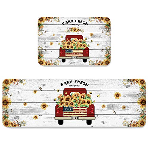 Farm Fresh Sunflower On Red Truck Kitchen Rugs And Mats 2 Pieces,Usa Flag Decorative Carpet Floor Mat For Home Area Runner Non Slip Doormat #TOP3