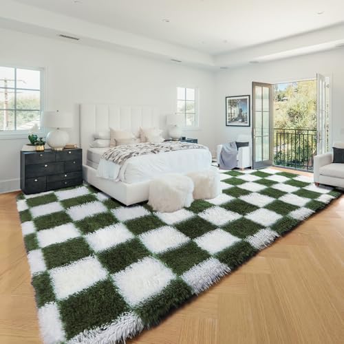 Image of KICMOR 8x10 Area Rugs for Living Room, Large Soft Fluffy Checkered Big Fuzzy Shag Shaggy Bedroom Carpet, Olive Green and White Plush Floor Rug for Kids Boys Girls Dorm Nursery Home Decor Aesthetic