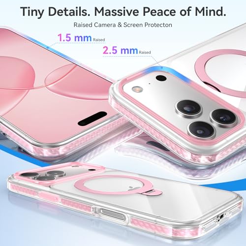 Peerock for iPhone 17 Pro Max Case with 360° Spin Stand, Non-Yellowing Transparent Back, TPU Inner Cushion, Magnetic Mag Safe Compatible, Military Protection, Cute Cover for Girl, Clear/Pink - image 6