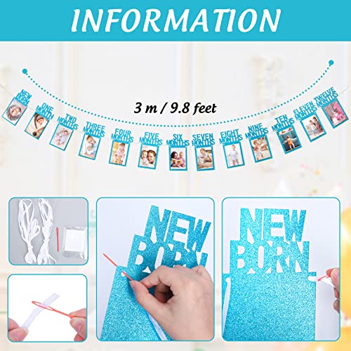 Whaline 1st Birthday Baby Photo Banner for Newborn to 12 months, Monthly Milestone Photograph Bunting Garland, First Birthday Celebration Decoration (Blue)