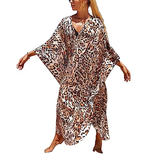 Image of sunforyou Kaftan Dresses for Women Plus Size Lightweight Swimsuit Cover up Batwing Sleeve Print Loungewear Beach Robe