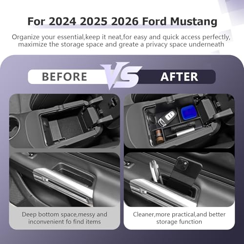 Image of LUWU 3PCS 2025 2026 Mustang Center Console Organizer Compatible with Ford Mustang 2024 2025 2026 Accessories Armrest Console Storage Box Insert Tray Door Side Tray ABS Material Coin Container Black