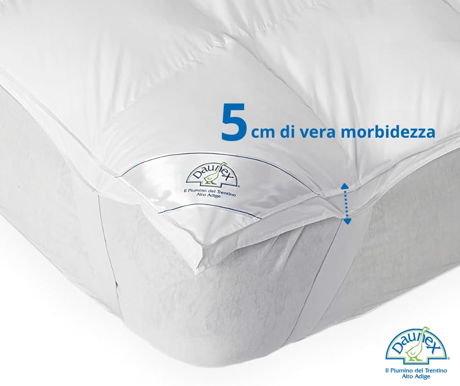 Topper DAUNEX® Copri Materasso in Piumette e Piumino d'Oca Bianco Traspirante Anallergico Made in Italy per Letto Matrimoniale Misura 160x190 Spessore 5 cm Mod. Corvara