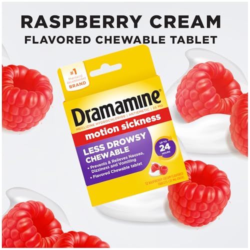 Image of Dramamine Motion Sickness Less Drowsy, Chewables for Nausea Relief During Travel, Raspberry Cream Flavor, 12 Count, Pack of 24