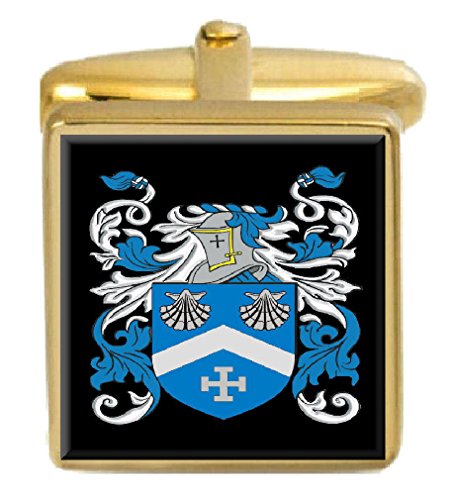 Gemelos de la familia de Escocia Macphee con escudo tradicional y caja de presentación grabada