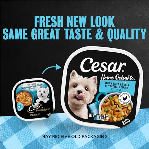 Image of Cesar Home Delights Wet Dog Food, Chicken & Vegetables, 3.5 oz, 24 Count | Real chicken #1 ingredient, no fillers or added sugar, easy to digest, use as meal or food topper, easy peel trays
