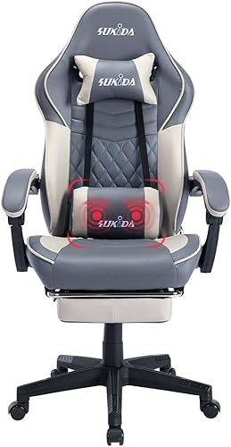 SUKIDA Gaming Chair with Footrest Office Chair Computer Chair with Massage Lumbar Pillow Ergonomic Chair with Armrest Recliner Chair High Back