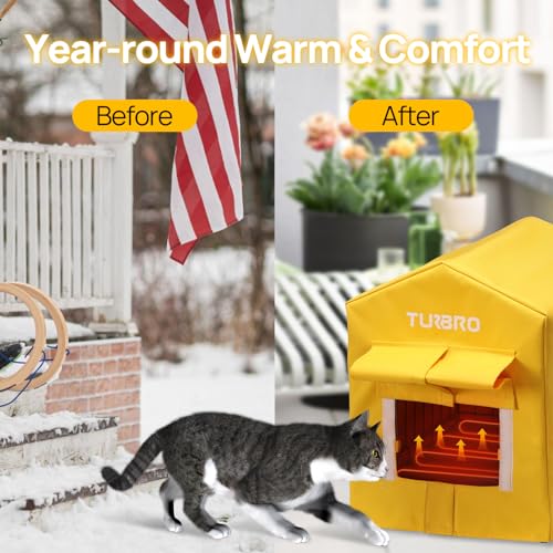 Image of TURBRO Heated Cat House, Insulated and Weatherproof Iron Shelter for Feral and Cats, Heating Pad Bed with 14.7ft Anti-Bite Cord, UL Test Passed, Yellow