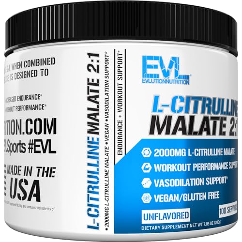 Image of Evlution Nutrition L-Citrulline Malate 2:1-200mg L-Citrulline Malate - Workout Performance Support - Vasodilation Support - Dietary Supplement - Vegan & Gluten Free - 100 Servings - Unflavored