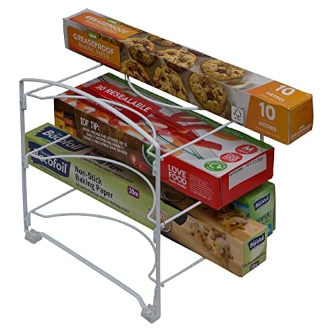 Amtido Kitchen Cupboard Wrap Storage Organiser - Holder for Cling Film - Food Wrap - White Cover