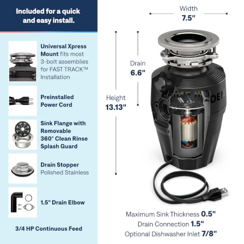 Image of Moen Black EX Series Host Series 3 /4 Horsepower Improved Installation Garbage Disposal, EX75C