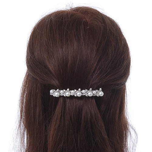 Miniatura 3 de Pinza para el pelo de cristal de perla sintética de tono plateado para novia, 3.346 in de ancho