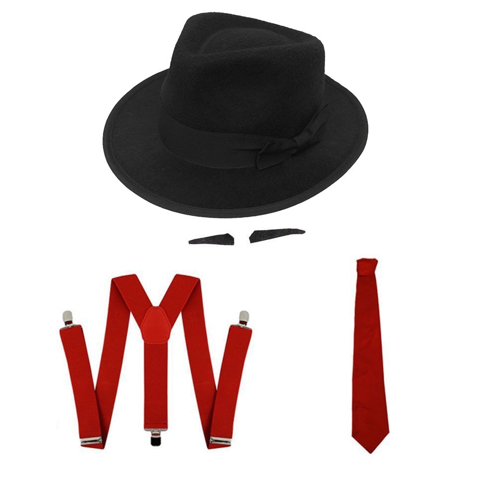 ILOVEFANCYDRESS 4 PIECE RED GANGSTER SET - BLACK HAT WITH BLACK BAND, RED TIE, SUSPENDERS AND STICK ON SPIV MOUSTACHE 1920's