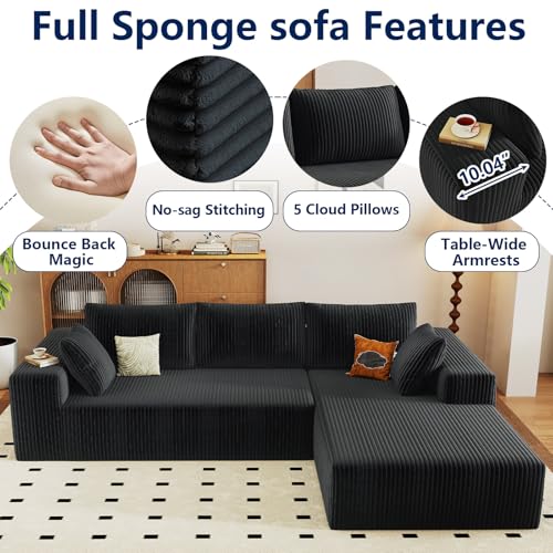Image of 96 inch Modular Sectional Sofa, Modern Corduroy Cloud Couch with Deep Seat, Boneless Couch Upholstered 3-Seater L-Shaped Sofa for Living Room, No Assembly Required (Black, Right-Facing Chaise)