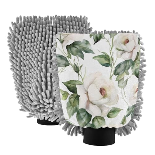 Flradish 2 Pack Watercolor Flowers Car Wash Mitt Chenille Microfiber Lint-Free Scratch Free Ultra-Soft Absorbent Car Wash Mitt 11.8x8.07 Inch