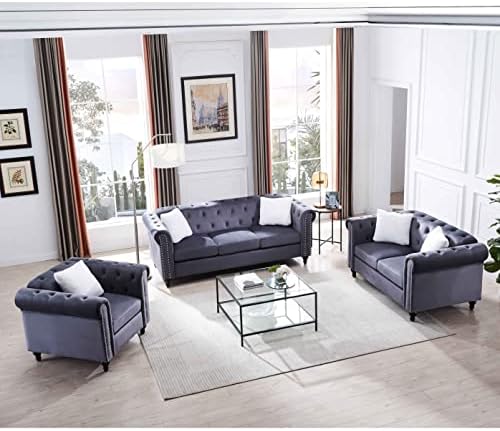 ATY 3 Piece Living Room Velvet Sofa Set, Include 3-Seater Couch, Loveseat and Single Chair, with 5 Pillows, Decor of Button and Copper Nail on Arms and Back, Home Furniture, Light Gray