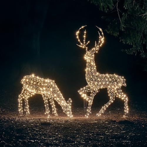 Lights4fun 2er Set Studley LED Rattan Rentier Familie XL Hirsch Figur...