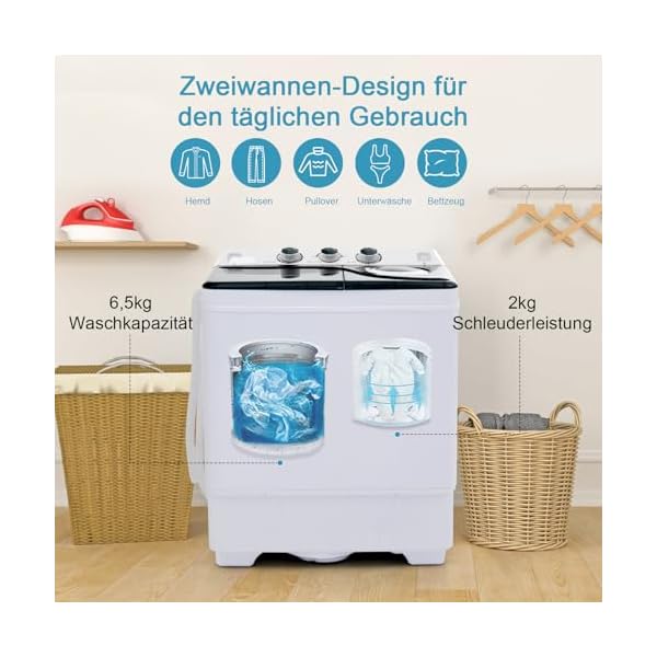 GOPLUS Toplader Waschmaschine 6,5KG, Waschmaschine mit 2 Kammern, Timer-Funktion, Waschautomat mit 2KG Schleuderkapazität, inkl. Ablaufpumpe, für kleine Wohnungen (Schwarz) – Bild 3