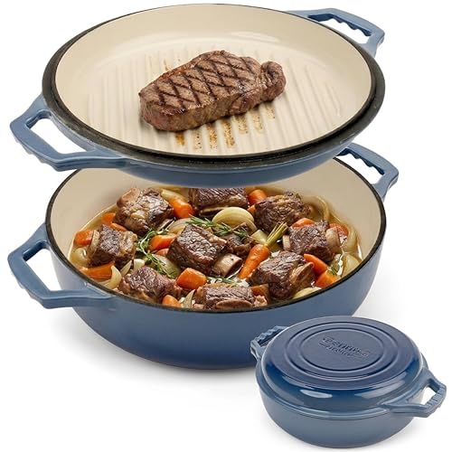 2-in-1 Enameled Cast Iron Braiser Pan with Grill Lid - 3.3-Quart Small Dutch Oven, Serves as Both Casserole & Stovetop Grill Pan, Cast Iron Cookware