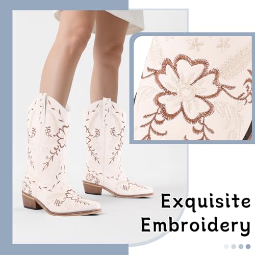 Image of LingxiaUne Cowboy Boots for Women Floral Cowgirl Boots with Pointed Toe and Chunky Heel Mid Calf Western Boot for Concert Festival Country Night Party