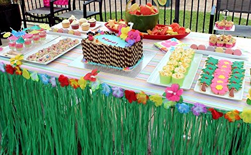 hawaïenne Luau Table Jupe - Hawaiian Luau Hibiscus Herbe Jupe de Table avec 26 Fleurs en Soie