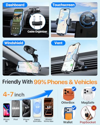 Image of HTU Upgraded Strongest Suction Car Phone Holder Bendable Arm, Never Block View Rotatable Cellphone Mount for Dashboard Windshield Vent, Cradle Stand for iPhone 17 16 15 14 13 12 Pro Max (Dark Pink)