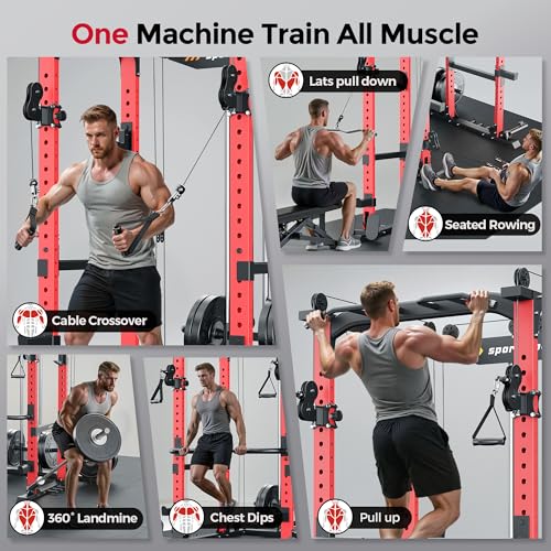 Image of SPORTSROYALS Power Rack, Multi-Functional Power Cage, Squat Rack with Pulley System & LAT Pull Down, Workout Cage with J Hooks for Home Gym