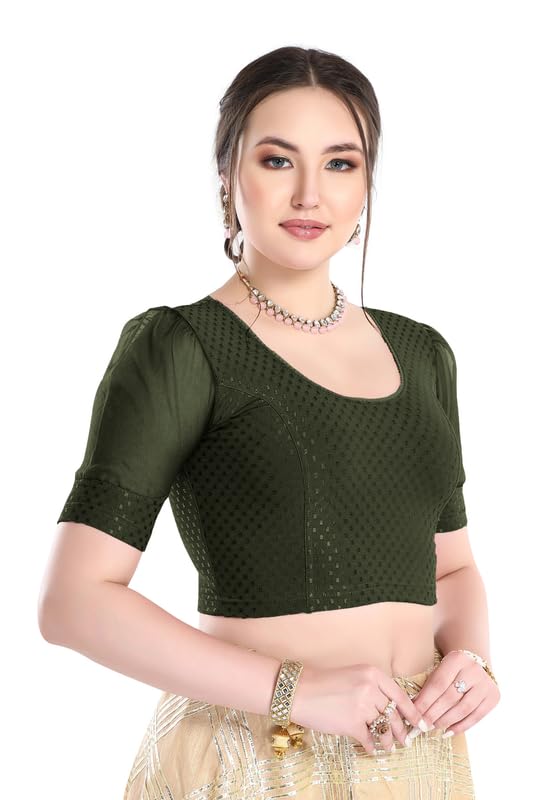 Image of FINESTFIT Stay On Trend Fashion 100% Cotton Readymade Blouses for Women,Round Neckline with Organza Balloon Sleeves.