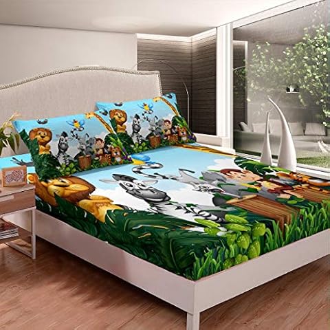 Juego de sábanas de Jirafa para niñas y niños, diseño de Mono, diseño de Cebra, diseño de Mono, diseño de Animales zoológicos, sábana Bajera Ajustable vartoon Wild Lifes Cama tamaño King 3 Piezas Cover