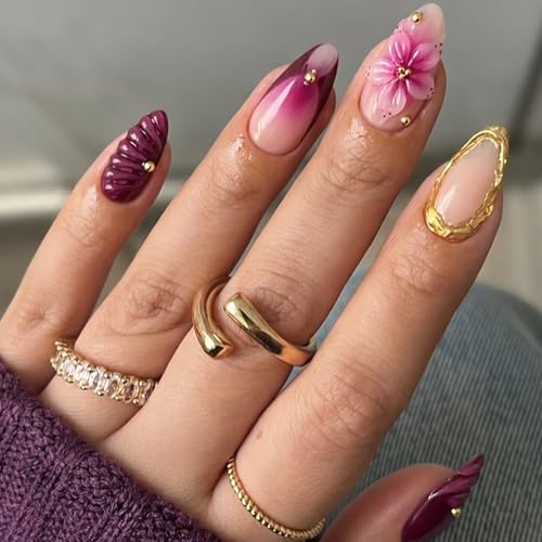 Image of Secret Lives Almond Press-On Nails - 3D Pink, Purple & Cream Dimensional Flower Artificial Nail Art, 24-Piece Set with Kit