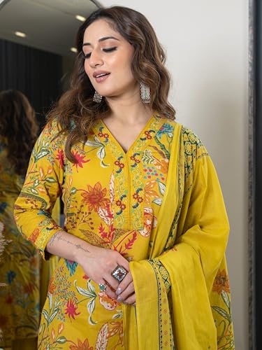 Image of Arayna Women's Pure Cotton Floral Kurta Set with Pants & Dupatta | Embroidered V-Neck Ethnic Suit