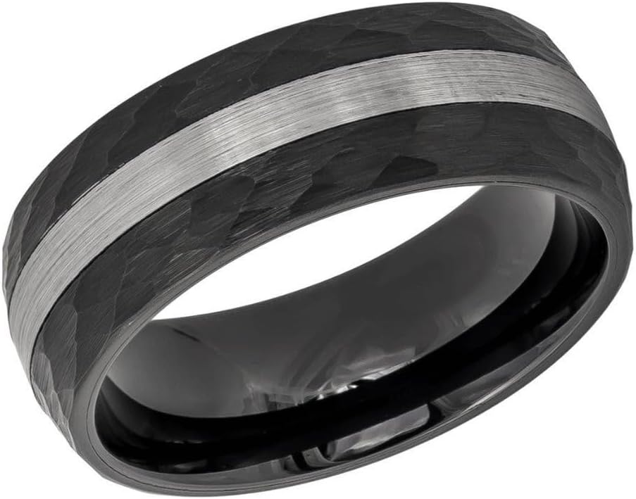 8mm Tungsten Carbide Men’s Ring – Brushed Silver Stripe with Black Hammered Finish, Comfort Fit Wedding Band