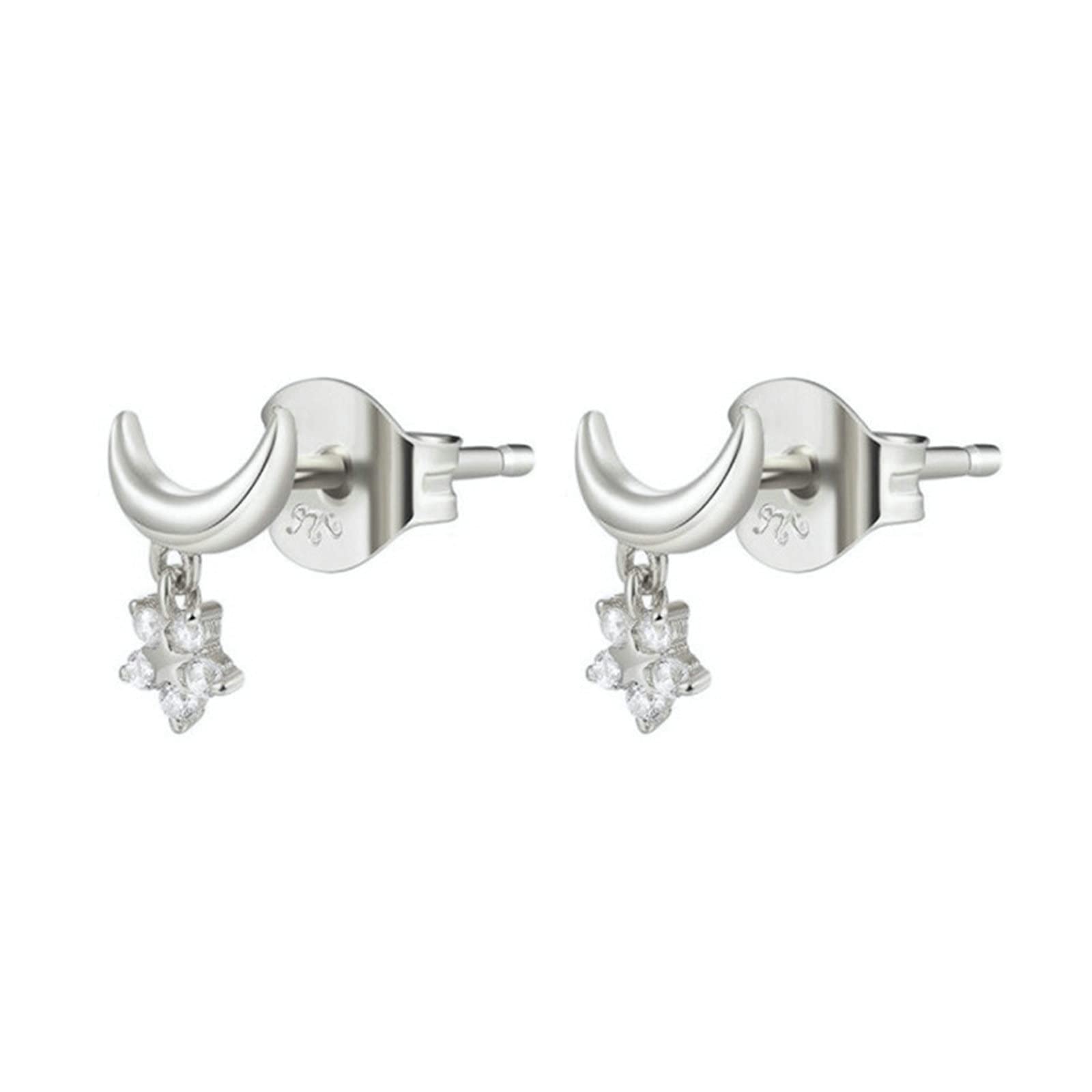 WBDWWTD Pendientes para Mujer Chapados en Oro, Pendientes de Plata de Ley 925 Pendientes para Mujer Pendientes de Plata Luna y Estrella con Circonitas
