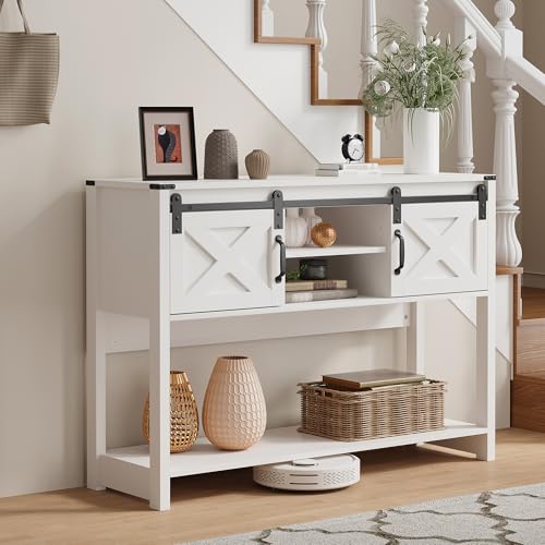 RoyalCraft Console Table with Storage Shelf & Sliding Barn Door, Farmhouse Entryway Table with Storage, 46' Narrow Long Sofa Table, Console Tables for Living Room, Entryway, Foyer