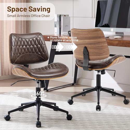 Image of Walnut Bentwood Mid Back Armless Office Chair 1 Pack, Adjustable Height PU Leather Swivel Desk Chair with Wheels, Rolling Computer Task Chair for Home Office, Study, Meeting Room