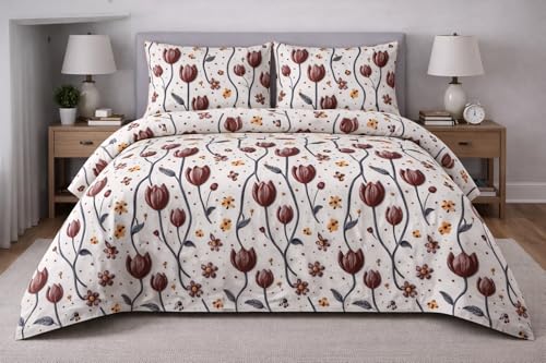 Image of Skyla 7D Bedsheet Double Bed Super King Size with 2 Pillow Covers | Size 108 x 108 Inch | 260 TC Cotton Floral Breathable | Super Soft Printed Bedsheet (Tulip in Beige)