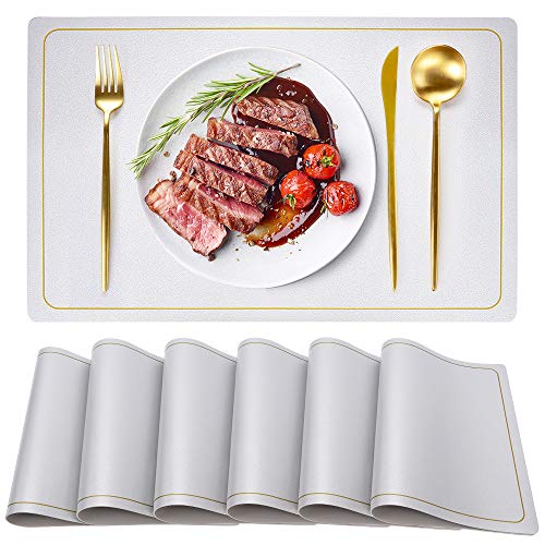 WEHVKEI Silver Placemats for Dining Table Set of 6 Faux Leather Placemats Wipeable Waterproof Washable Mothers Day Table Mats Rectangle Indoor Placemats Place Mats for Home Kitchen Dinner