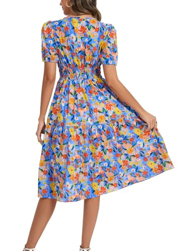 Image of Kormei Women Summer Casual Boho Floral Round Neck Short Sleeve Smocked Waist Tiered Flowy Swing Midi Dress