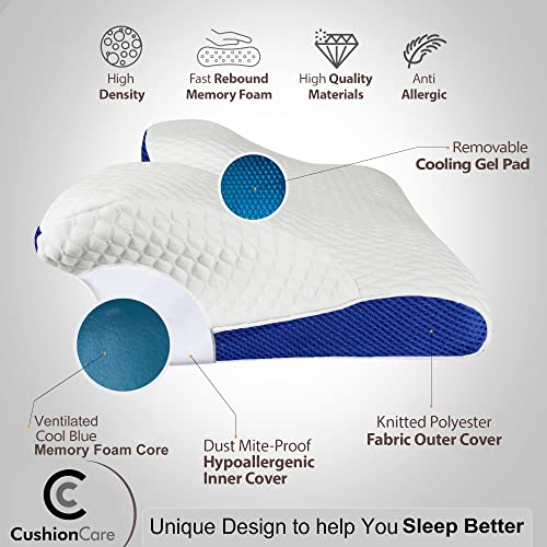 Cooling Gel Cervical Neck Pillow for Pain Relief Sleeping – Ventilated Blue Memory Foam - Orthopedic Contour Pillow for Side, Back, Stomach Sleeper - Ergonomic Neck and Shoulder Support Pillows