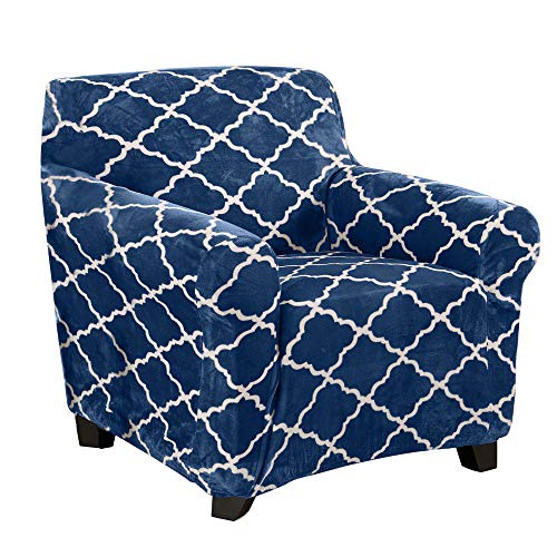 Great Bay Home Modern Velvet Plush Arm Chair Slipcover. Strapless One Piece Stretch Chair Cover. Magnolia Collection. (Chair, Navy)