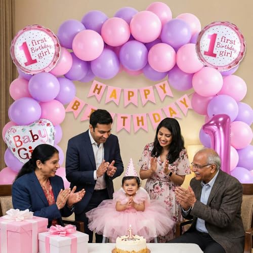 Image of Party Propz 1 Year Birthday Decoration for Baby Girl - 32 Pcs,Happy Birthday Decoration Kit 1 Year with Banner, Balloons, Foil Balloons & Arch Roll, 1st Birthday Decoration Items for Girls (Cardstock)
