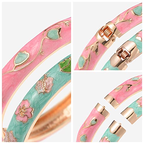 UJOY Cloisonne Bracelet Butterfly Gold Hinged Indian Bangles Flower Enamel Jewelry Bracelets Gift for Women 55A61-55A67 pink green - Image 6