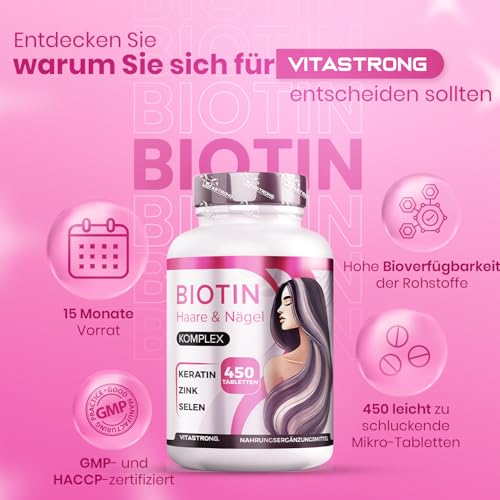 Biotin Hochdosiert Vitastrong mit Selen Zink, Keratin, Kupfer, Bambus, Vitamine für Haare, 450 Tabletten (15 Monate) Biotin Komplex Premium Ohne GVO, Bio Haare, Haut und Nägel mit Selen Hochdosiert